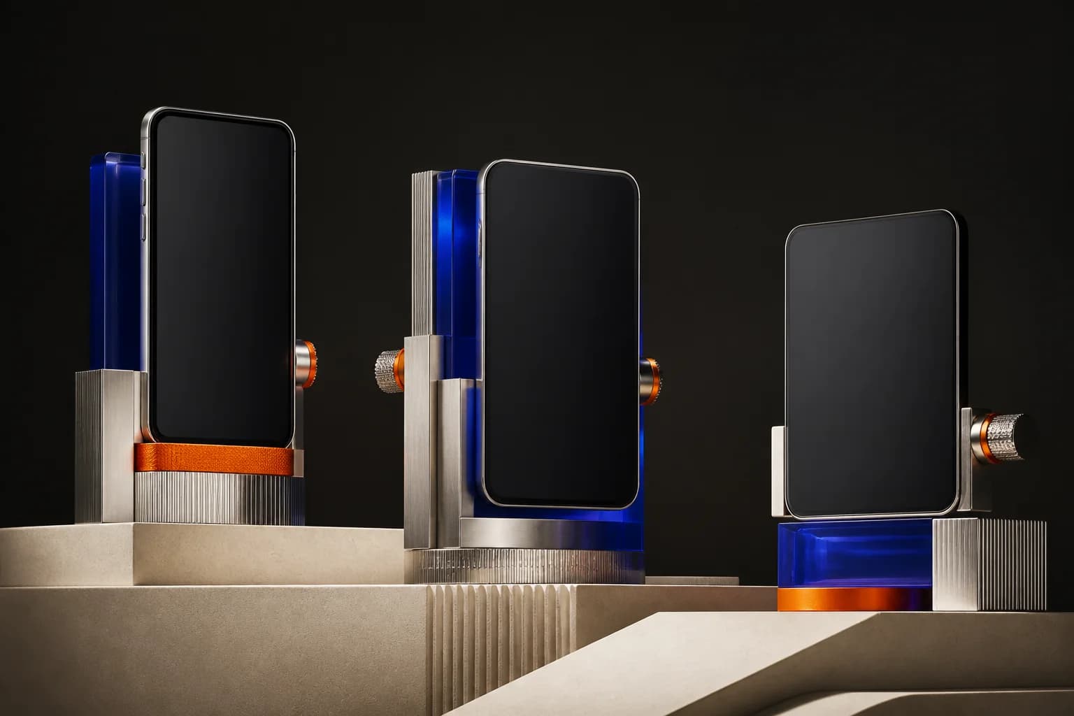 Three distinct mobile device sculptures built from shared materials