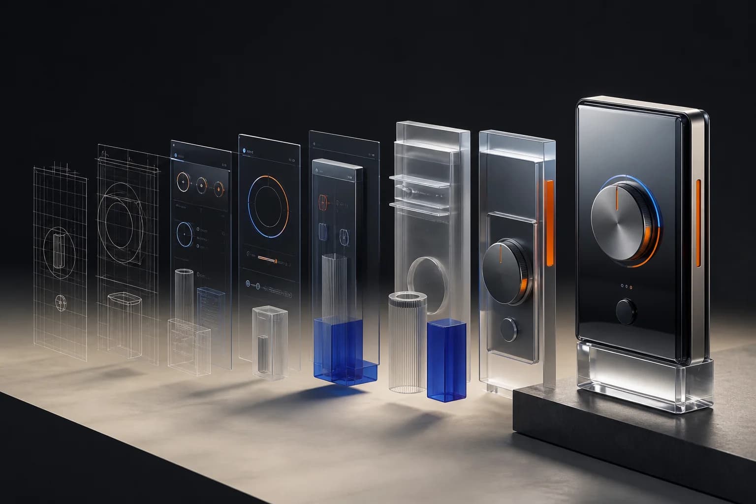 Wireframe interface layers becoming a refined glass and metal product