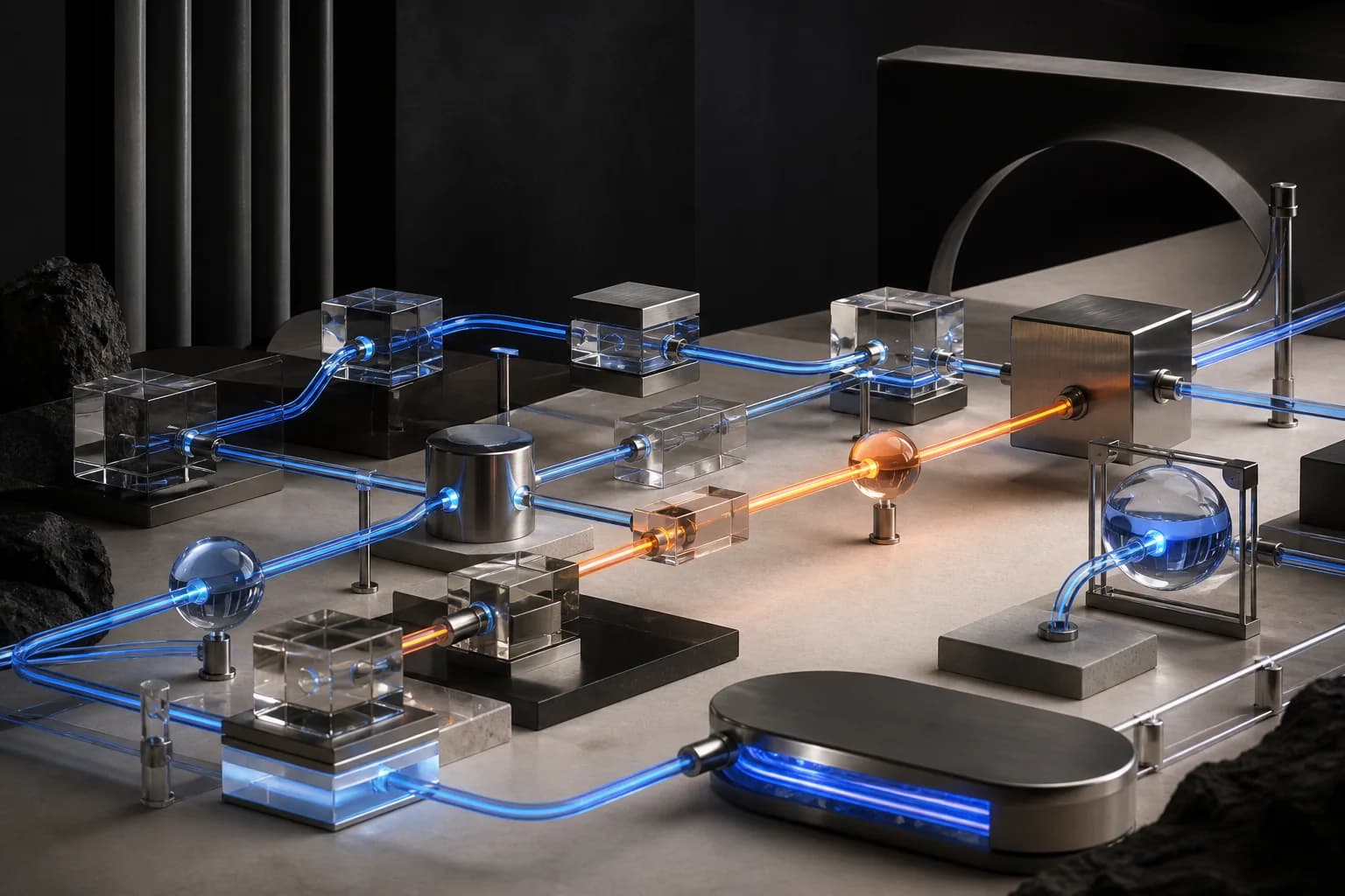 Visible network of connected glass nodes carrying blue and orange signals