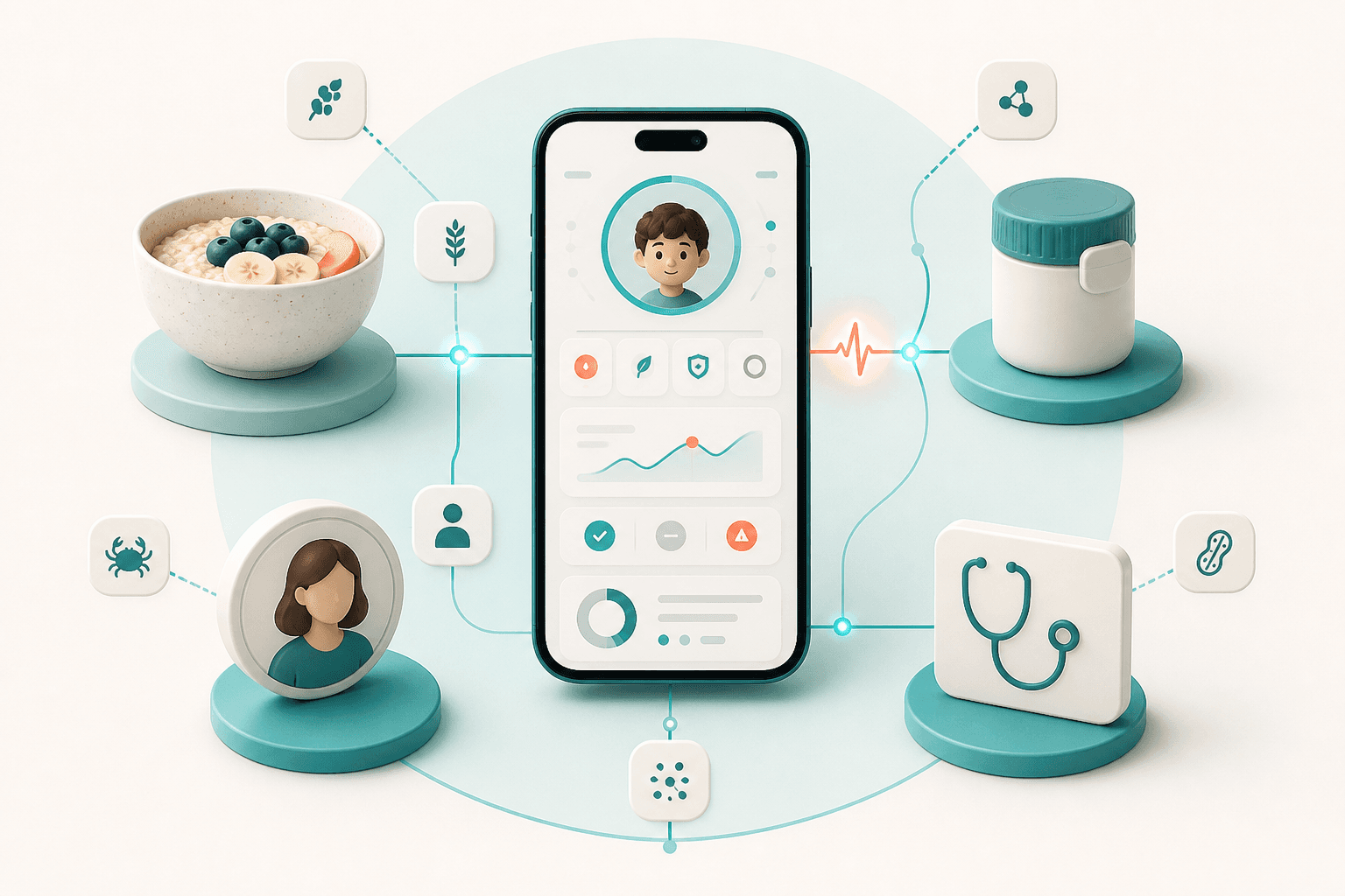 Allergy-care app connected to food, medicine, caregivers, and clinicians