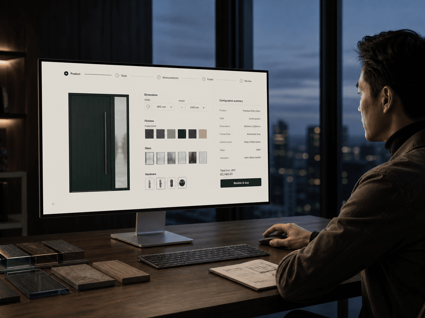 Crystal Windows and Doors desktop configurator showing a green entrance door, glass, hardware, dimensions, and purchase summary