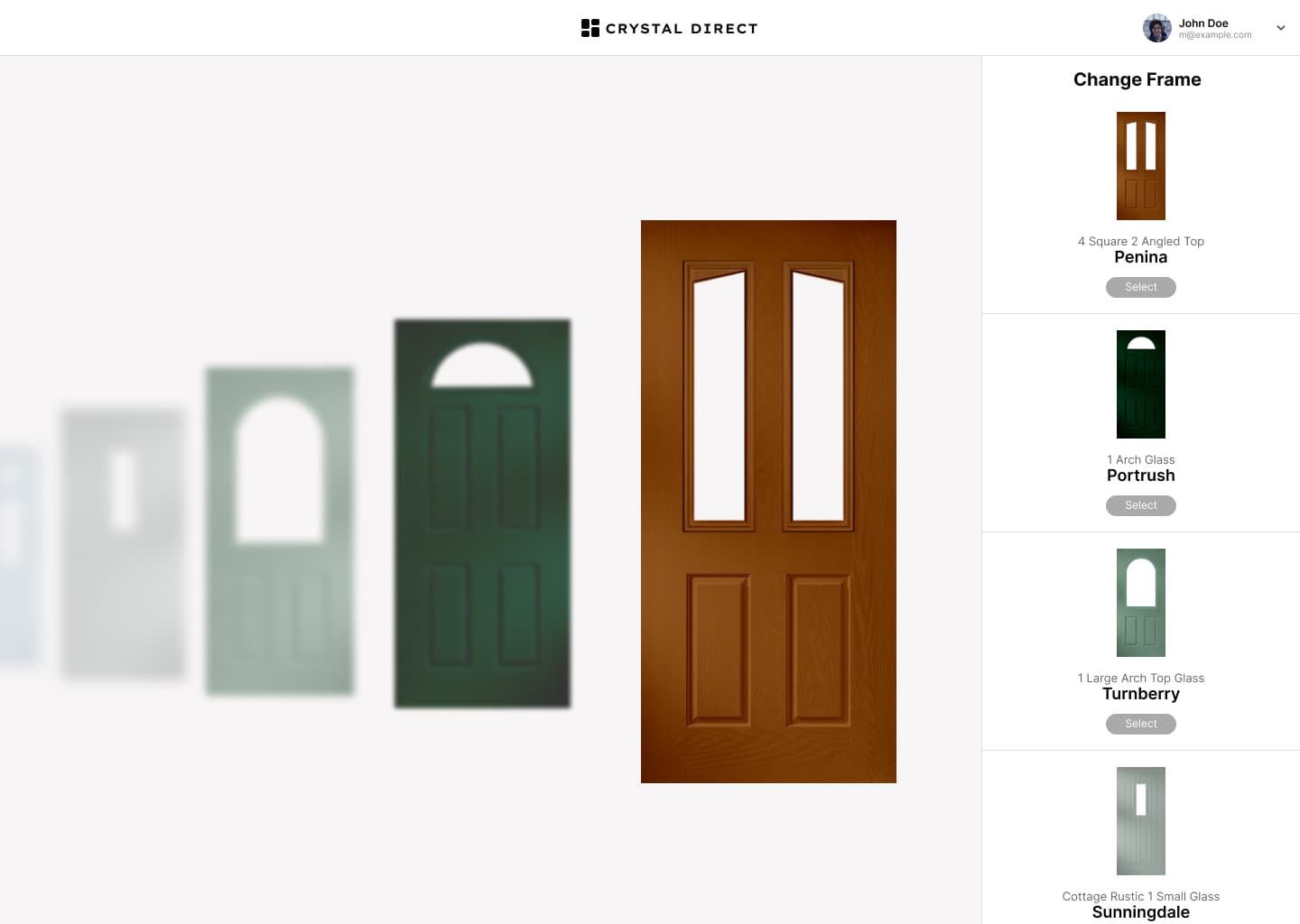 Crystal Direct change-frame screen comparing alternative composite door styles beside the selected door