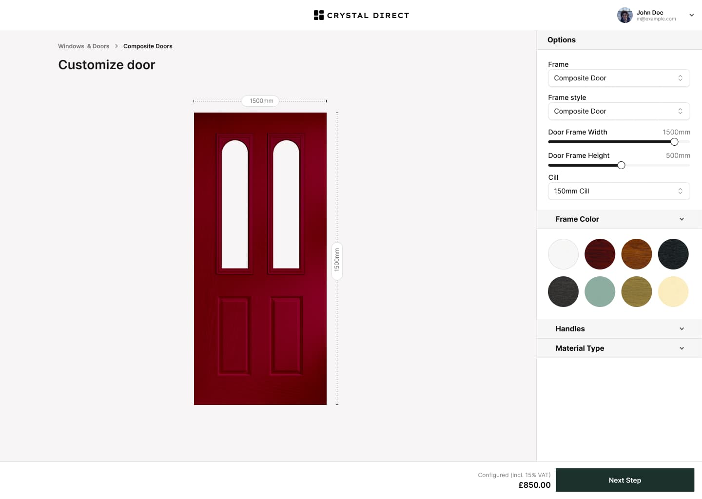 Crystal Direct door customisation screen with live dimensions, frame colour options, material choices, price, and next-step action