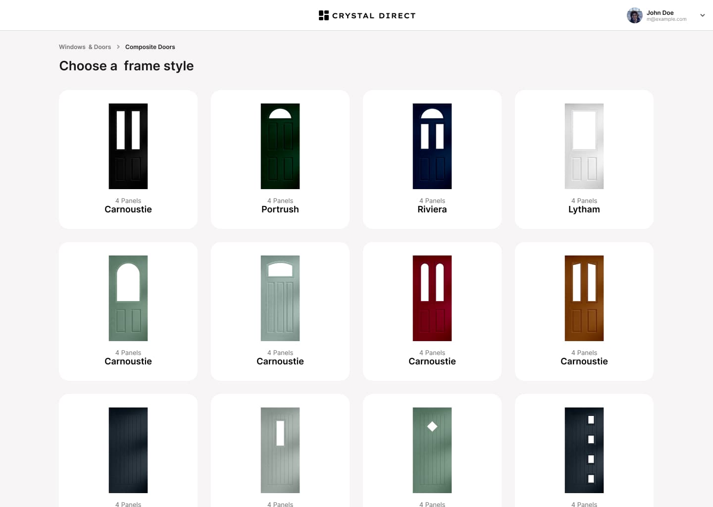 Crystal Direct configurator frame-style selection screen showing a grid of composite door designs