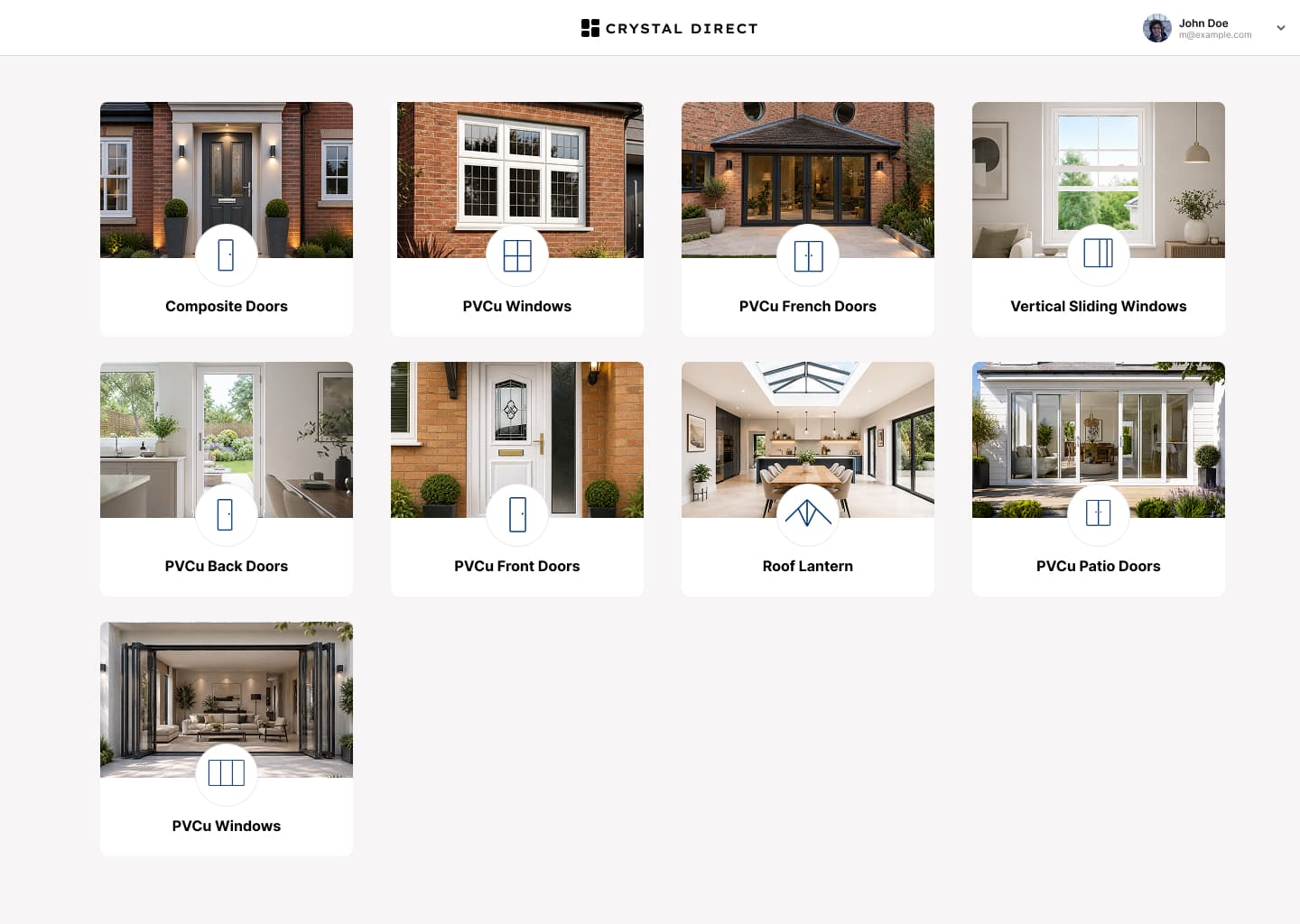 Crystal Direct configurator product catalogue with composite doors, PVCu windows, French doors, sliding windows, roof lanterns, and patio doors