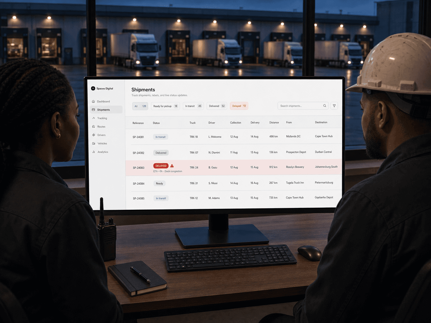 Two logistics professionals, including a male site worker in a safety helmet, reviewing a Spaces shipment dashboard with a delayed delivery highlighted