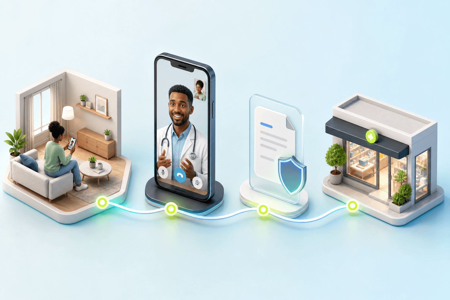 Connected telehealth journey from a patient at home through a doctor consultation to a secure prescription and pharmacy