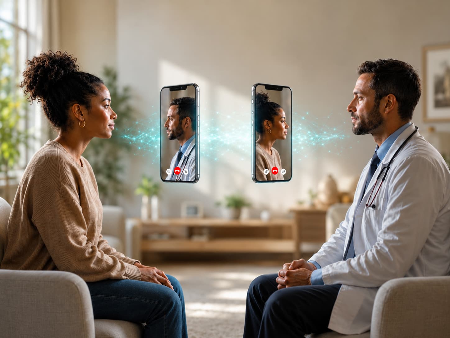 Utano telehealth experience shown across three connected mobile devices